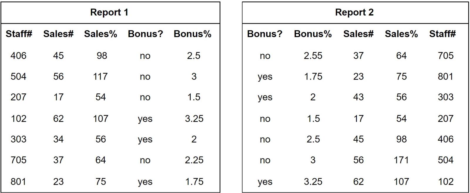 Two reports containing the staff sales and their bonuses