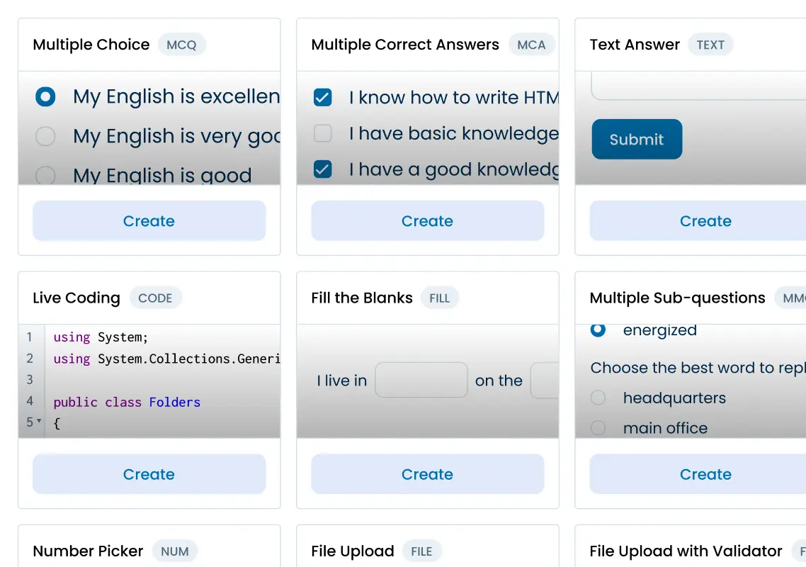 Illustration of the question types available, highlighting multiple choice, text, live coding, and fill the blanks question types.