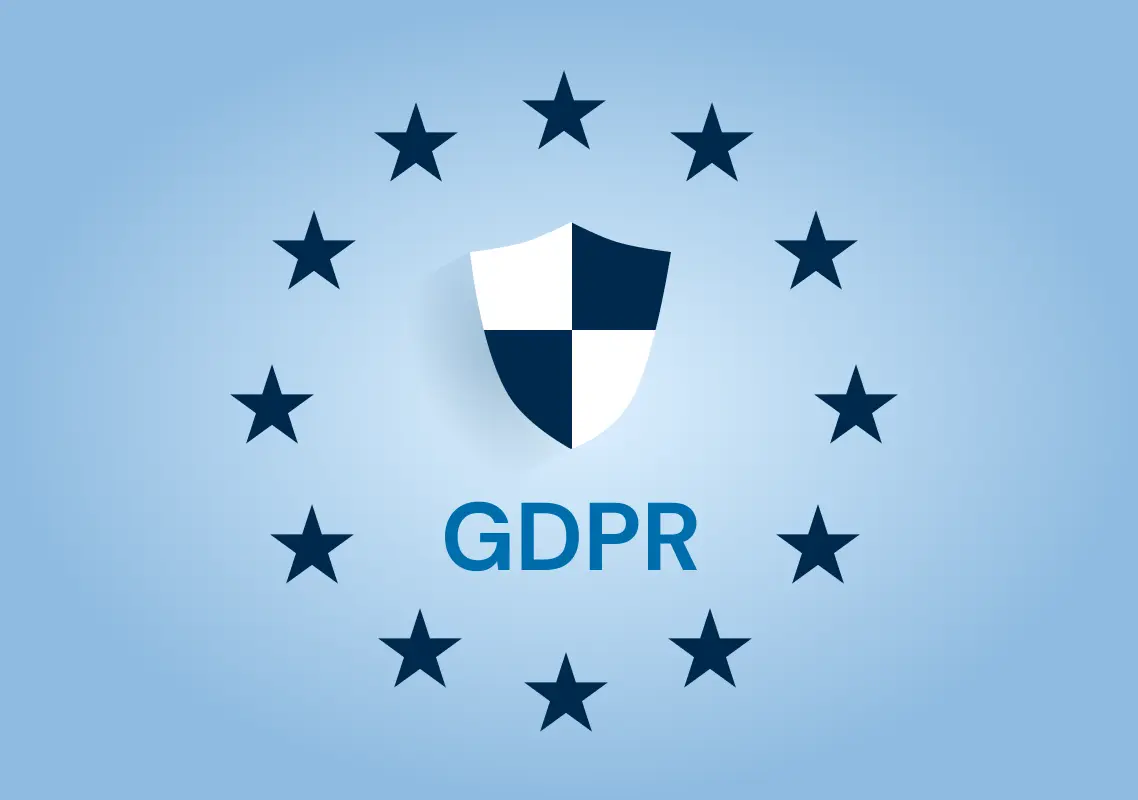 Shield with GDPR word below it in the center, and a ring of stars around it.