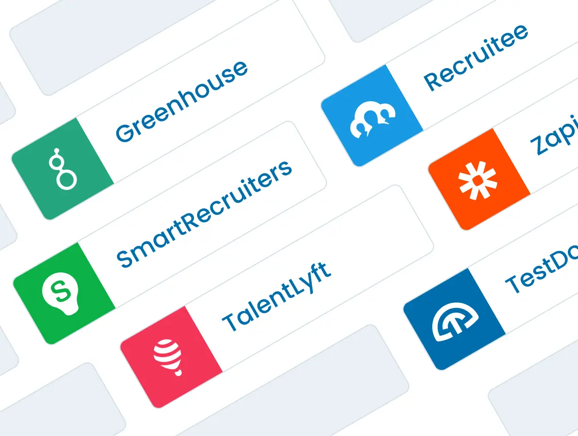 Illustration of the integrations including: Greenhouse, SmartRecruiters, Recruitee, TalentLyft, Zapier, and TestDome API.