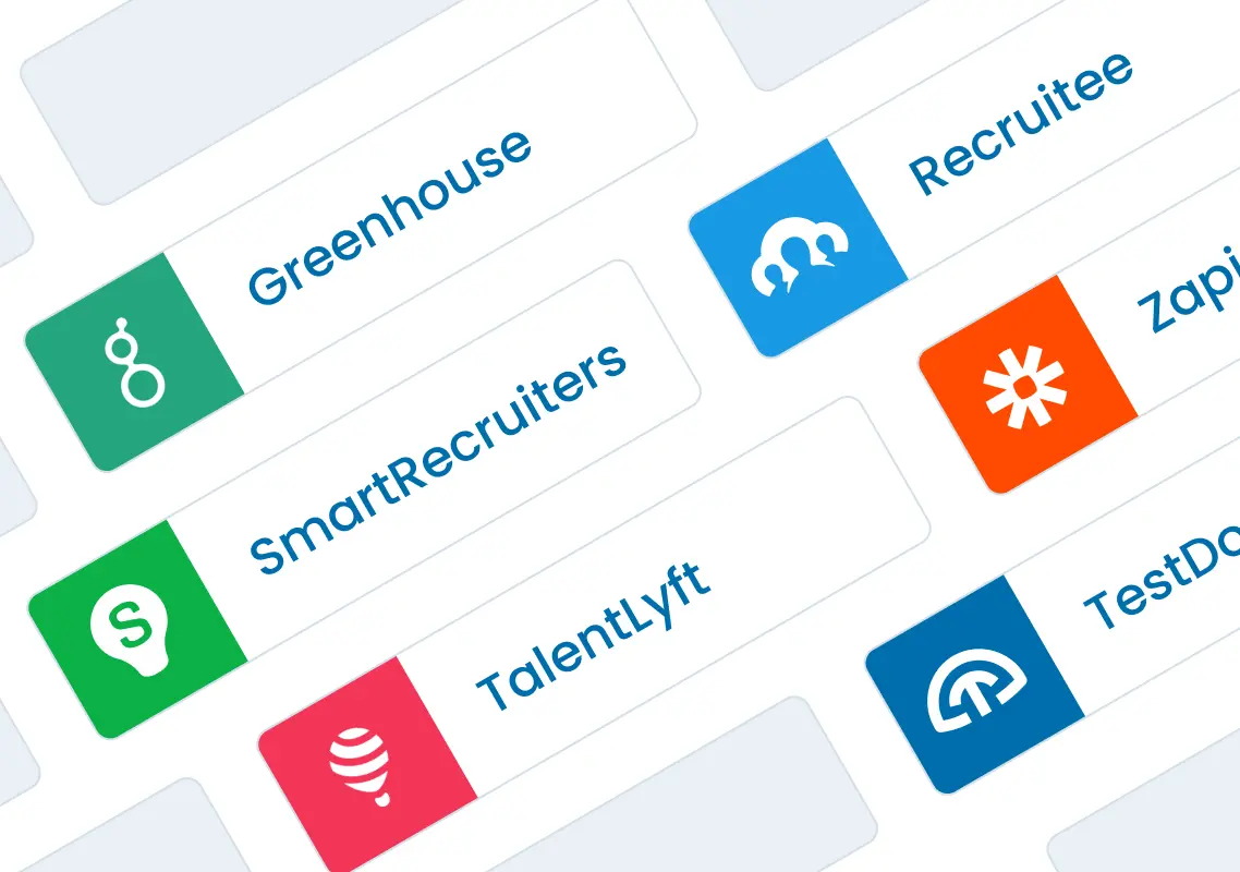 Multiple cards showing the integrations options like Zapier, Greenhouse, SmartRecruiters, Recruitee, TalentLyft, and TestDome API.