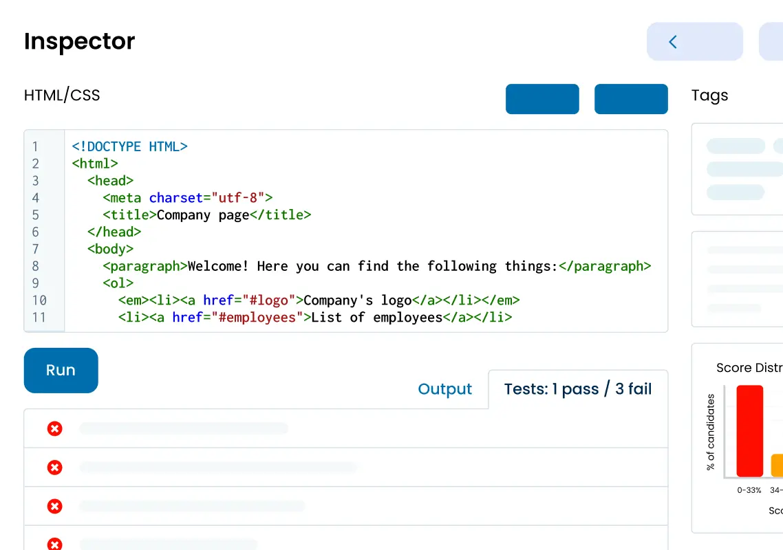 Illustration of a sample HTML/CSS question showing the code editor and the test cases.